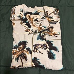 Coach Men's Palm Tree Print Shirt - Blue and Brown Sz S 💯 Percent Viscose